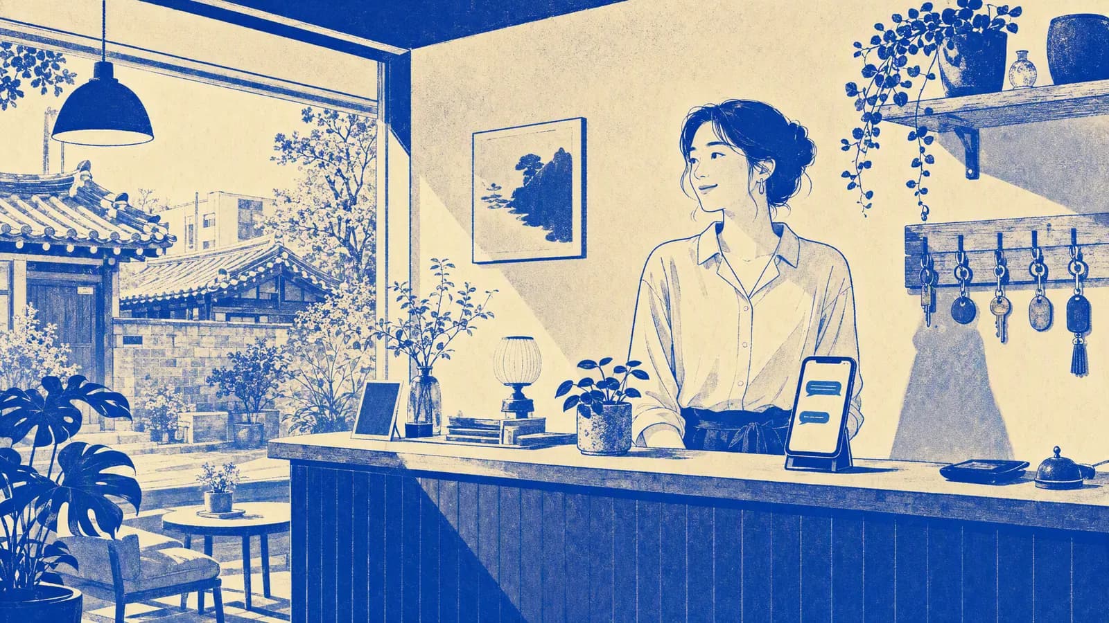 아침 햇살이 드는 작은 스테이의 프런트에서 사장님이 카운터 위 휴대폰의 채팅 알림을 바라보는 두 가지 색 일러스트